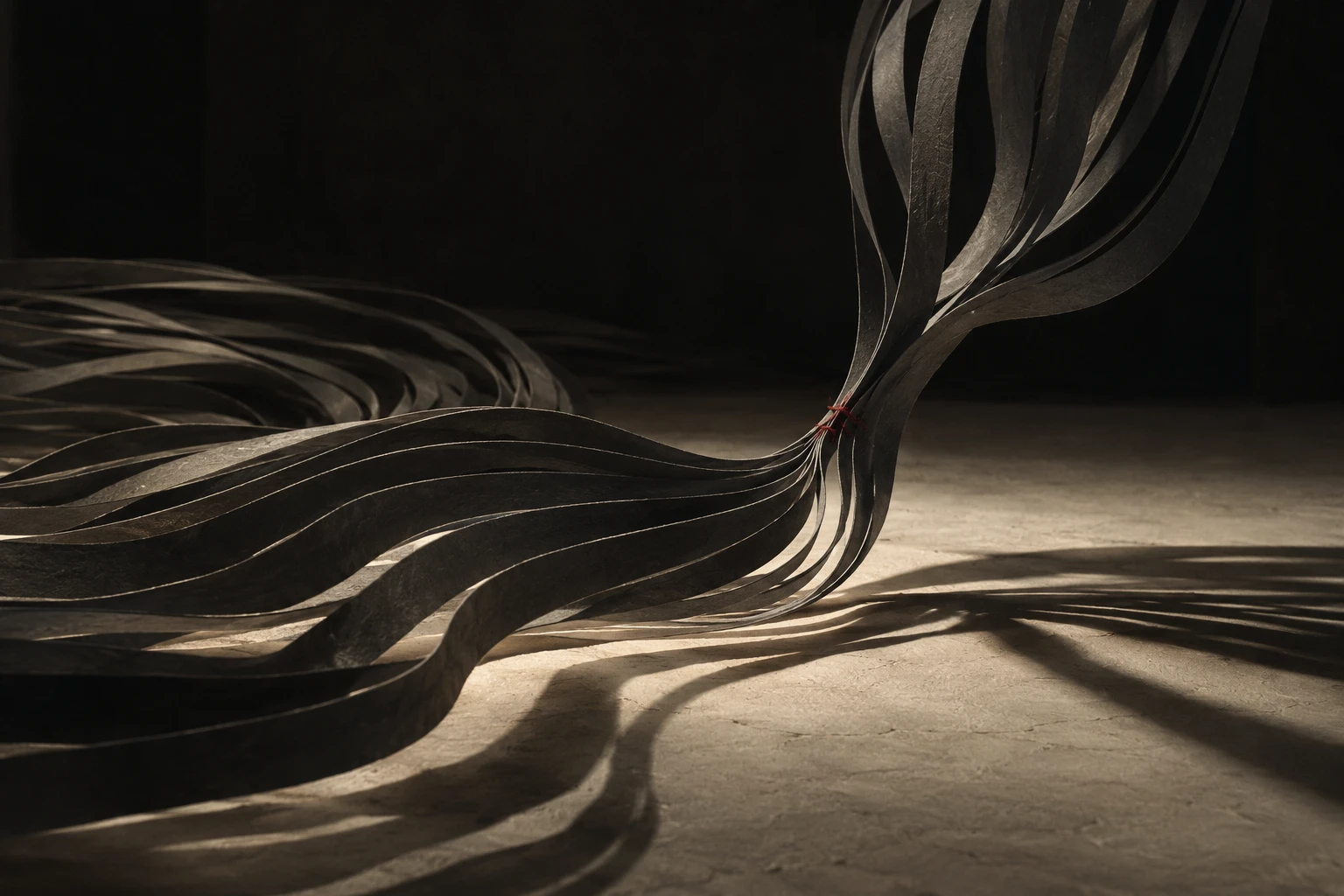 Dark paper ribbons sweep across a stone floor and are gathered through a single thin red tie before fanning out again, casting long shadows.