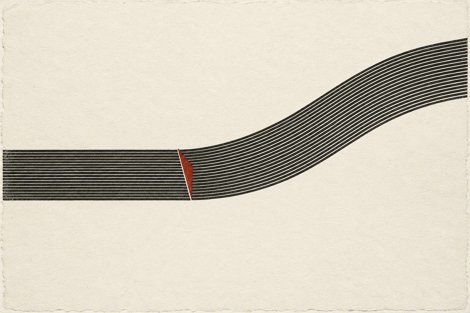 A print on handmade paper: a band of parallel black lines runs straight across, is cut by a small red wedge, and then bends upward in a new direction.