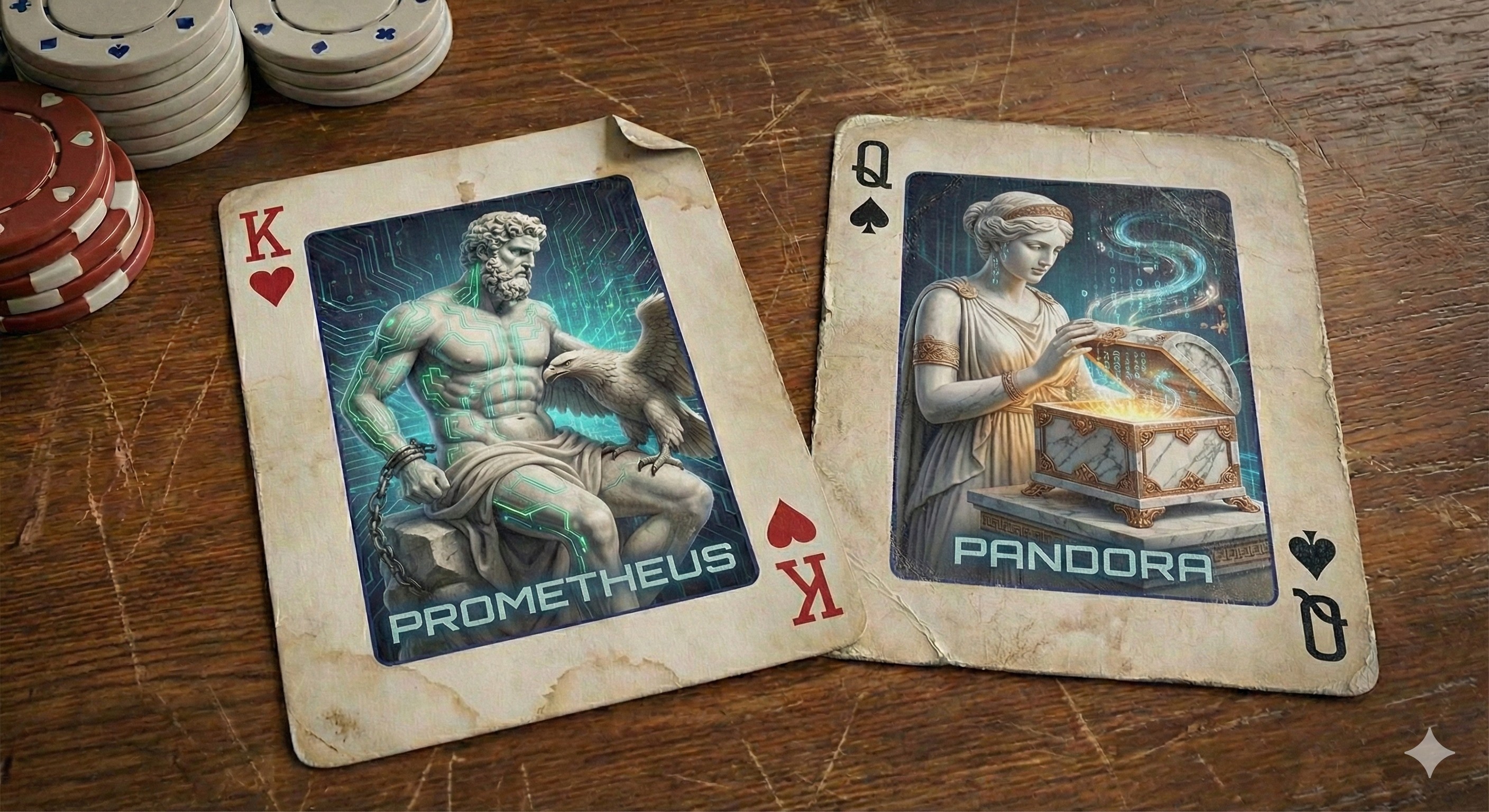 Prometheus and Pandora as playing cards — the King of Hearts (Prometheus, bringer of fire) and the Queen of Spades (Pandora, opener of the jar) — representing the dual nature of AI for science.